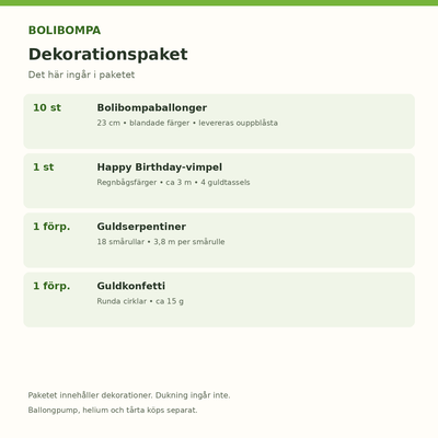 Bolibompa dekorationspaket – ballonger, vimpel och gulddetaljer – innehåll och antal