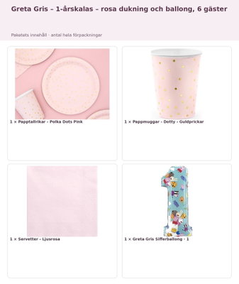 Greta Gris – 1-årskalas – rosa dukning och ballong, 6 gäster – innehåll och antal