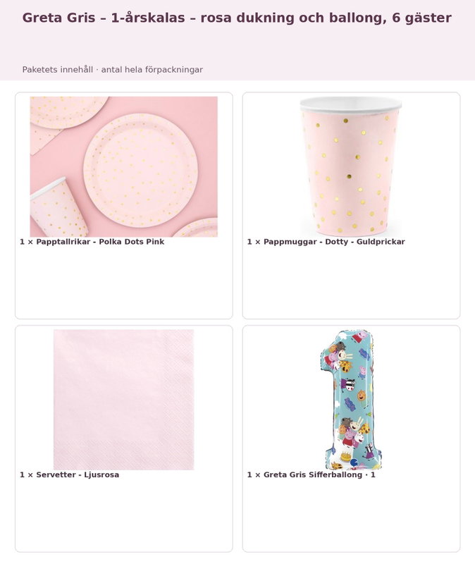 Greta Gris – 1-årskalas – rosa dukning och ballong, 6 gäster – innehåll och antal
