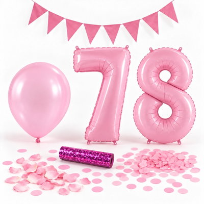 78-års festpaket, Rosa, Stor – paketets dekorationer på vit bakgrund