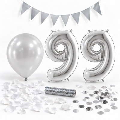 99-års festpaket, Silver, Stor – paketets dekorationer på vit bakgrund