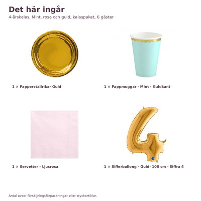 4-årskalas, Mint, rosa och guld, kalaspaket, 6 gäster – innehåll och antal, sifferballong 100 cm