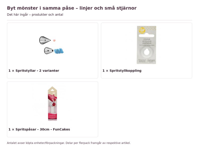 Byt mönster i samma påse – linjer och små stjärnor – innehåll och antal förpackningar