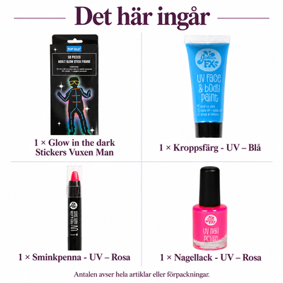 Det här ingår i UV-dansfigur – vuxenstickers med blå kroppsfärg och rosa detaljer