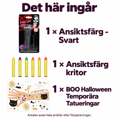 Halloween sminkverkstad – färger, kritor och tatueringar – innehåll och antal