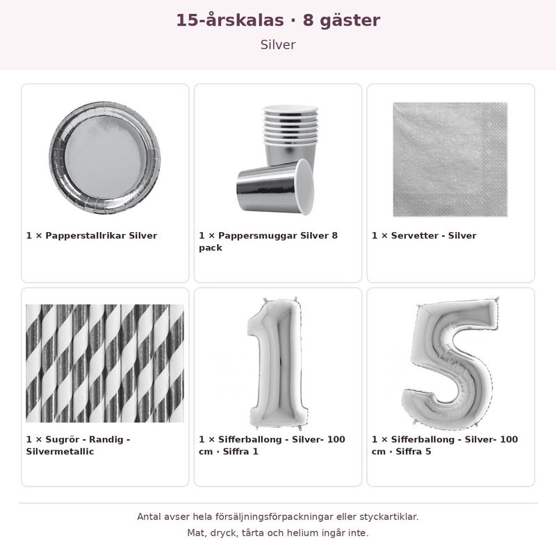 15-årskalas, Silver, kalaspaket, 8 gäster – innehåll och antal förpackningar