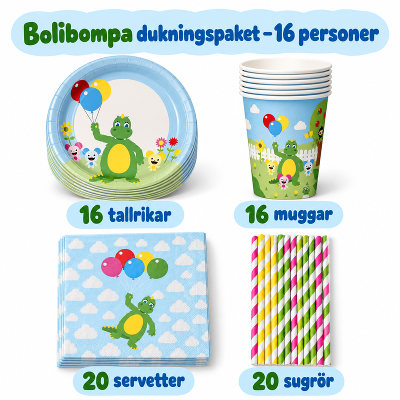 Bolibompa dukningspaket – 16 personer – innehåll och antal