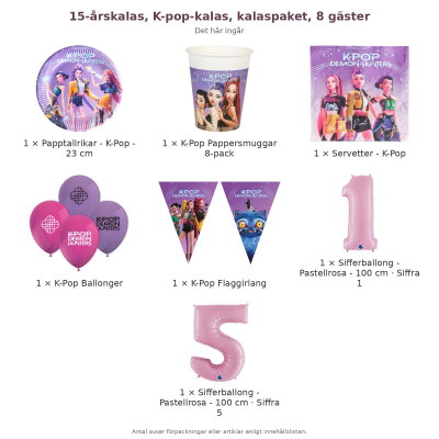 15-årskalas, K-pop-kalas, kalaspaket, 8 gäster – innehåll och antal förpackningar