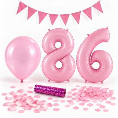 86-års festpaket, Rosa, Stor – paketets dekorationer på vit bakgrund
