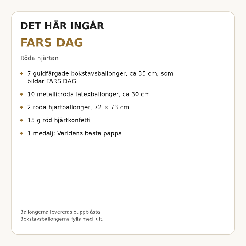 Paketets innehåll och antal – FARS DAG – dekorationspaket till fars dag – röda hjärtan
