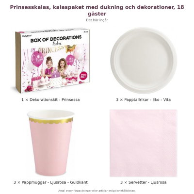 Prinsesskalas, kalaspaket med dukning och dekorationer, 18 gäster – innehåll och antal förpackningar