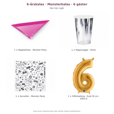 6-årskalas, Monsterkalas, kalaspaket, 6 gäster – innehåll och antal förpackningar