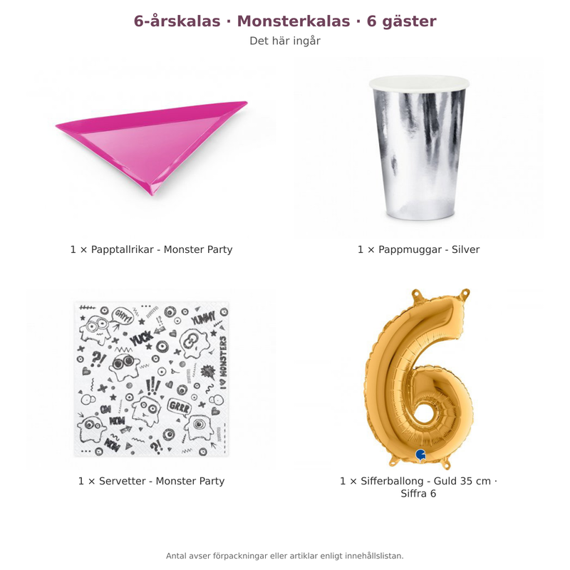 6-årskalas, Monsterkalas, kalaspaket, 6 gäster – innehåll och antal förpackningar
