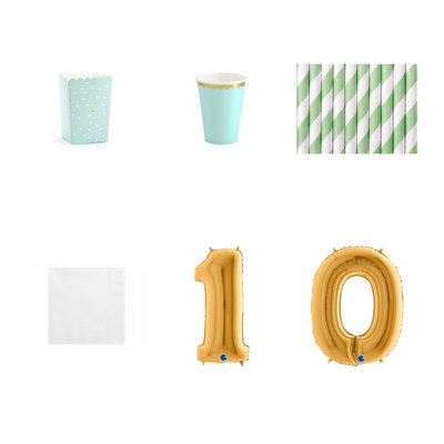 10-årskalas, Filmkväll, serveringspaket, 6 gäster – paketets produkter med sifferballong 100 cm