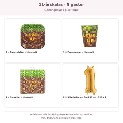 11-årskalas, Gamingkalas i pixeltema, kalaspaket, 8 gäster – innehåll och antal förpackningar