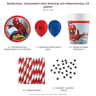 Spiderman, kalaspaket med dukning och dekorationer, 24 gäster – innehåll och antal utan servetter