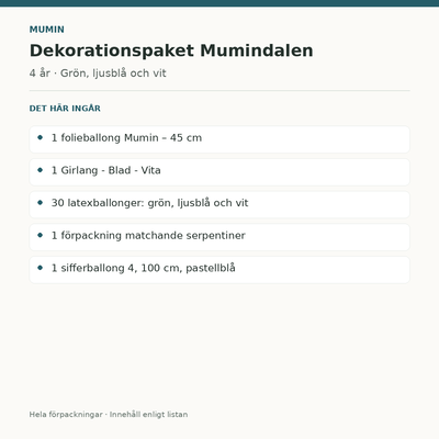 Mumin 4 år – dekorationspaket Mumindalen – innehåll och antal