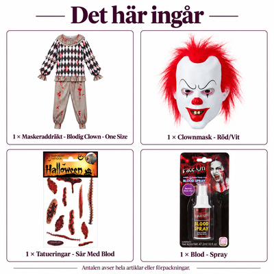 Det här ingår i Blodig clown – vuxendräkt, mask och sår på händerna