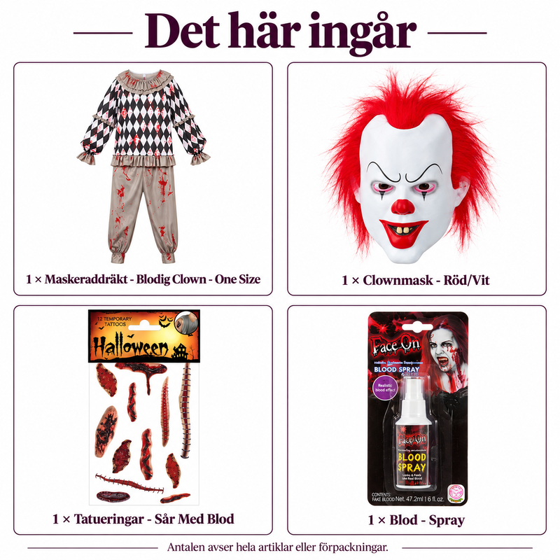 Det här ingår i Blodig clown – vuxendräkt, mask och sår på händerna