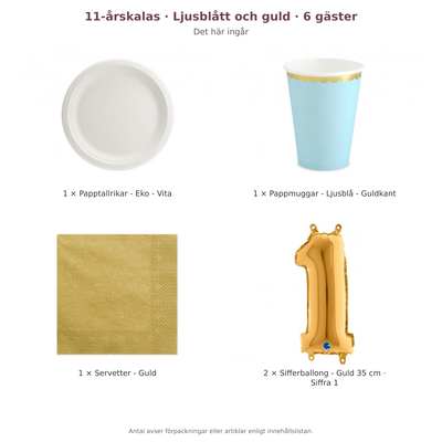 11-årskalas, Ljusblått och guld, kalaspaket, 6 gäster – innehåll och antal förpackningar