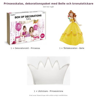 Prinsesskalas, dekorationspaket med Belle och kronutstickare – innehåll och antal förpackningar