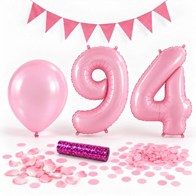 94-års festpaket, Rosa, Stor – paketets dekorationer på vit bakgrund