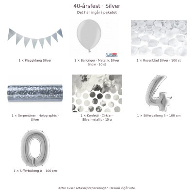40-års festpaket, Silver, Stor – innehåll och antal förpackningar