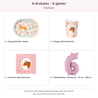 6-årskalas, Hästkalas, kalaspaket, 6 gäster – innehåll och antal förpackningar