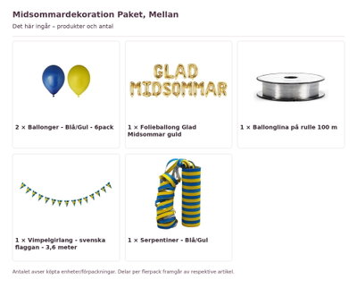 Midsommardekoration Paket, Mellan – innehåll och antal förpackningar