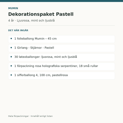 Mumin 4 år – dekorationspaket Pastell – innehåll och antal