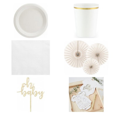Babyshower – beige och vitt – dukning och minnen, 6 gäster – paketets produkter