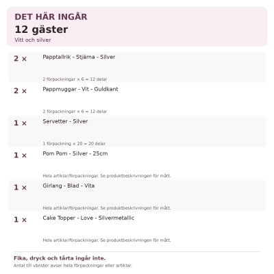 Dop – vitt och silver – fikadukning & dekorationer, 12 gäster – innehåll och antal