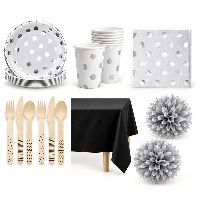 Silverbröllopets buffébord för åtta – svart duk och silverprickar – produktöversikt