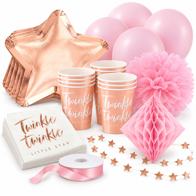 Dop flicka – roséguld och rosa – fika och dekorationer, 6 gäster – samlat paketinnehåll