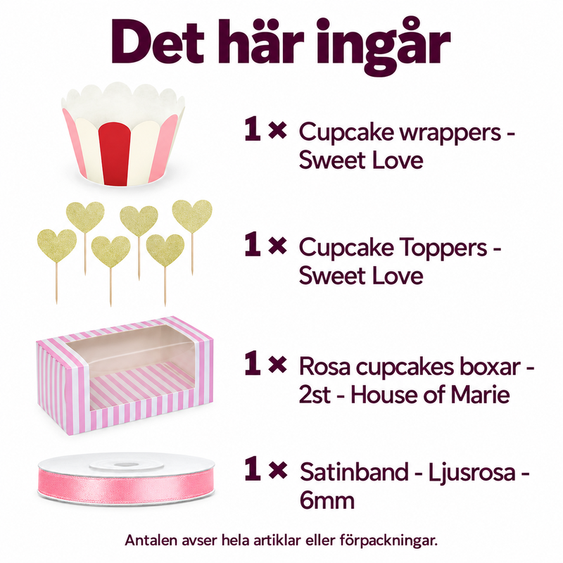 Alla hjärtans dag – Sweet Love cupcake-dekor med presentaskar – innehåll och antal
