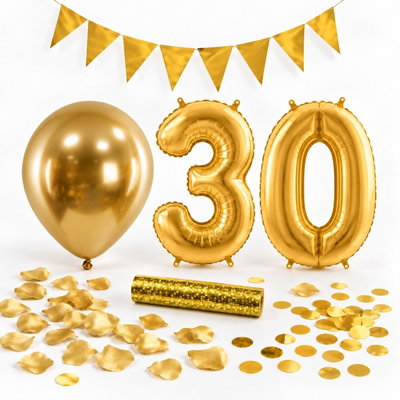 30-års festpaket, Guld, Stor – paketets dekorationer på vit bakgrund