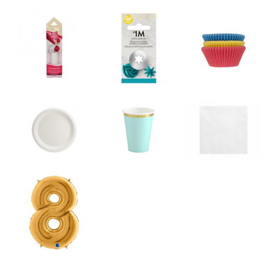 8-årskalas, Bakkalas – dekorera cupcakes, kalaspaket, 6 gäster – paketets produkter med sifferballong 100 cm