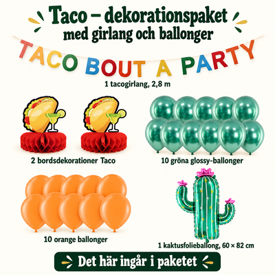 Taco – dekorationspaket med girlang och ballonger – innehåll och antal