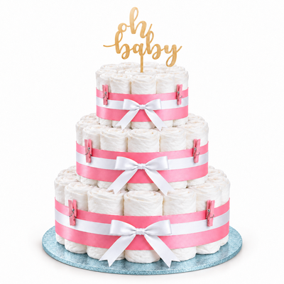 Blöjtårta i tre våningar på babyblå FunCakes-bricka 30,5 cm