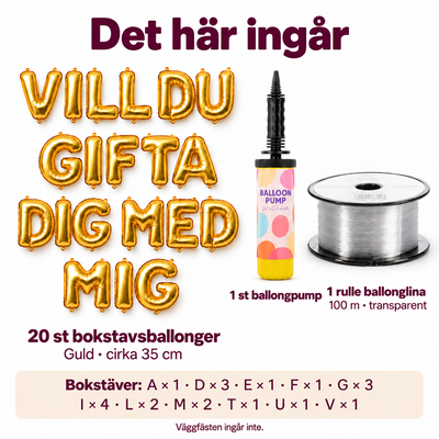 Paketets innehåll och antal: 20 guldbokstäver, 1 ballongpump och 100 m transparent ballonglina. Väggfästen ingår inte.