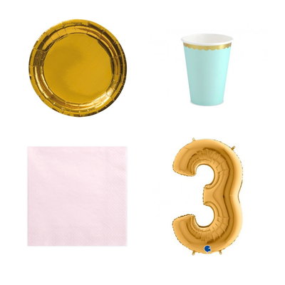 3-årskalas, Mint, rosa och guld, kalaspaket, 6 gäster – paketets produkter med sifferballong 100 cm