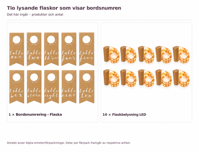 Innehåll och antal: Tio lysande flaskor som visar bordsnumren