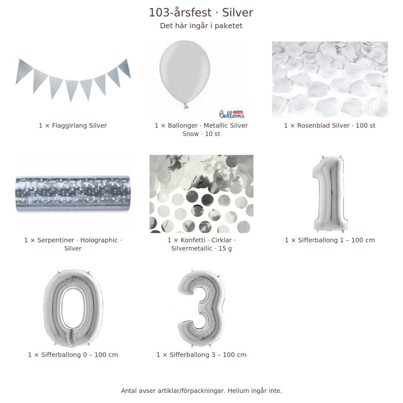 103-års festpaket, Silver, Stor – innehåll och antal förpackningar