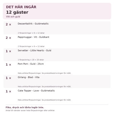 Dop – vitt och guld – fikadukning & dekorationer, 12 gäster – innehåll och antal
