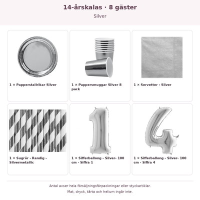 14-årskalas, Silver, kalaspaket, 8 gäster – innehåll och antal förpackningar