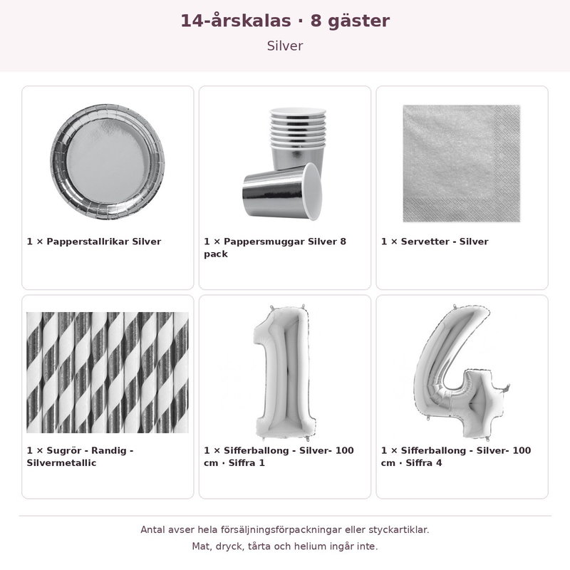 14-årskalas, Silver, kalaspaket, 8 gäster – innehåll och antal förpackningar