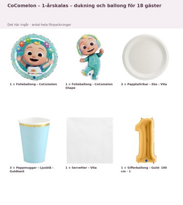 CoComelon – 1-årskalas – dukning och ballong för 18 gäster – innehåll och antal