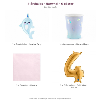 4-årskalas, Narwhal, kalaspaket, 6 gäster – innehåll och antal förpackningar