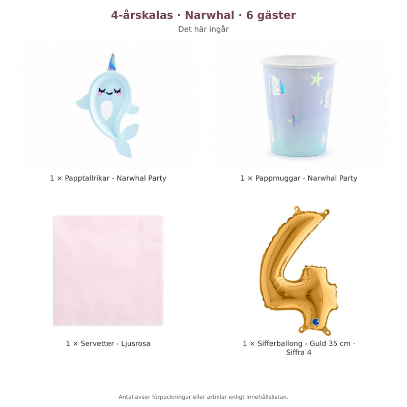 4-årskalas, Narwhal, kalaspaket, 6 gäster – innehåll och antal förpackningar