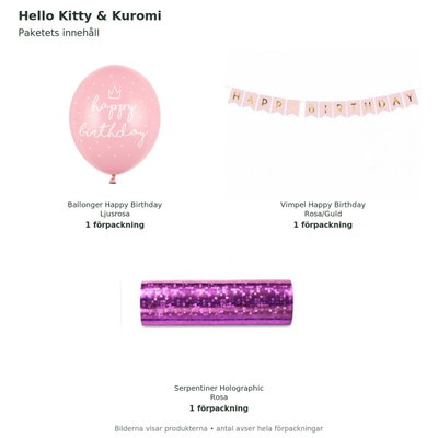 Hello Kitty & Kuromi – dekorationspaket Bas – innehåll och antal